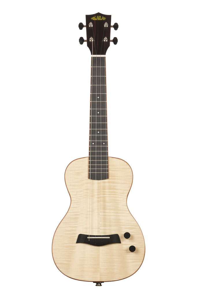 A Solid Body Electric Flame Maple Tenor Ukulele shown at a front angle