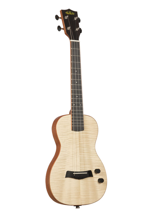 A Solid Body Electric Flame Maple Tenor Ukulele shown at a right angle