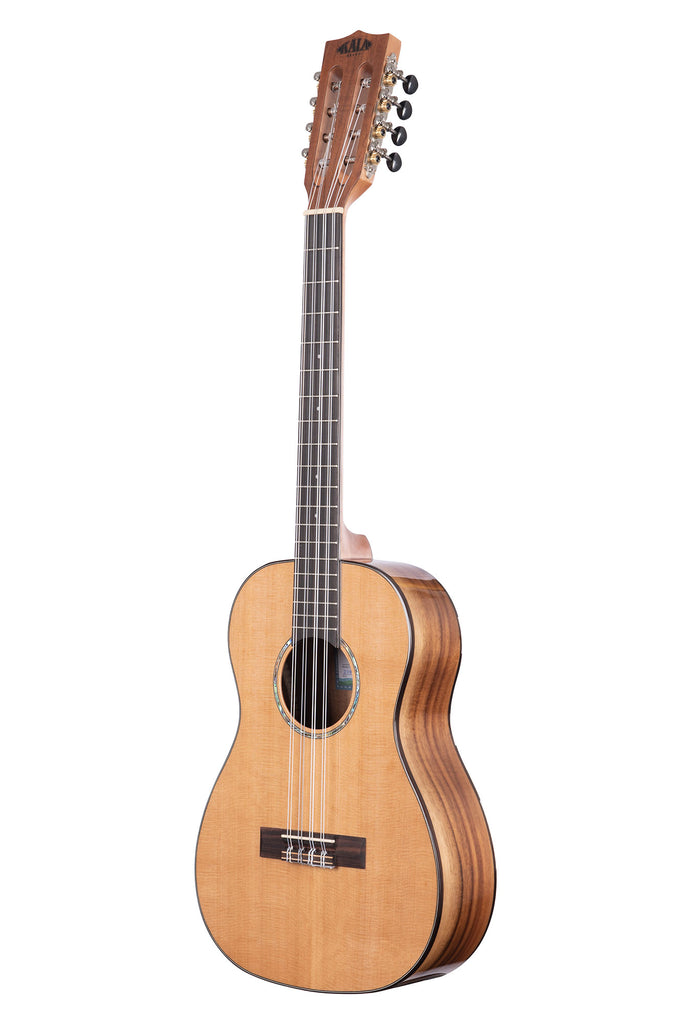 A Gloss Solid Cedar Top Acacia 8-String Baritone Ukulele shown at a left angle