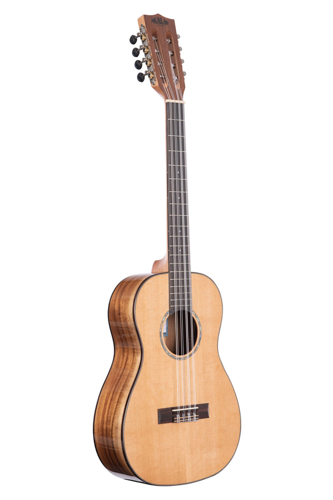 A Gloss Solid Cedar Top Acacia 8-String Baritone Ukulele shown at a right angle