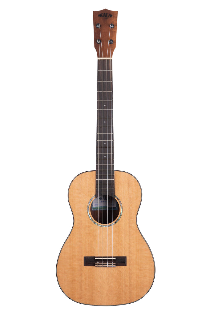 A Gloss Solid Cedar Top Acacia Baritone Ukulele shown at a front angle