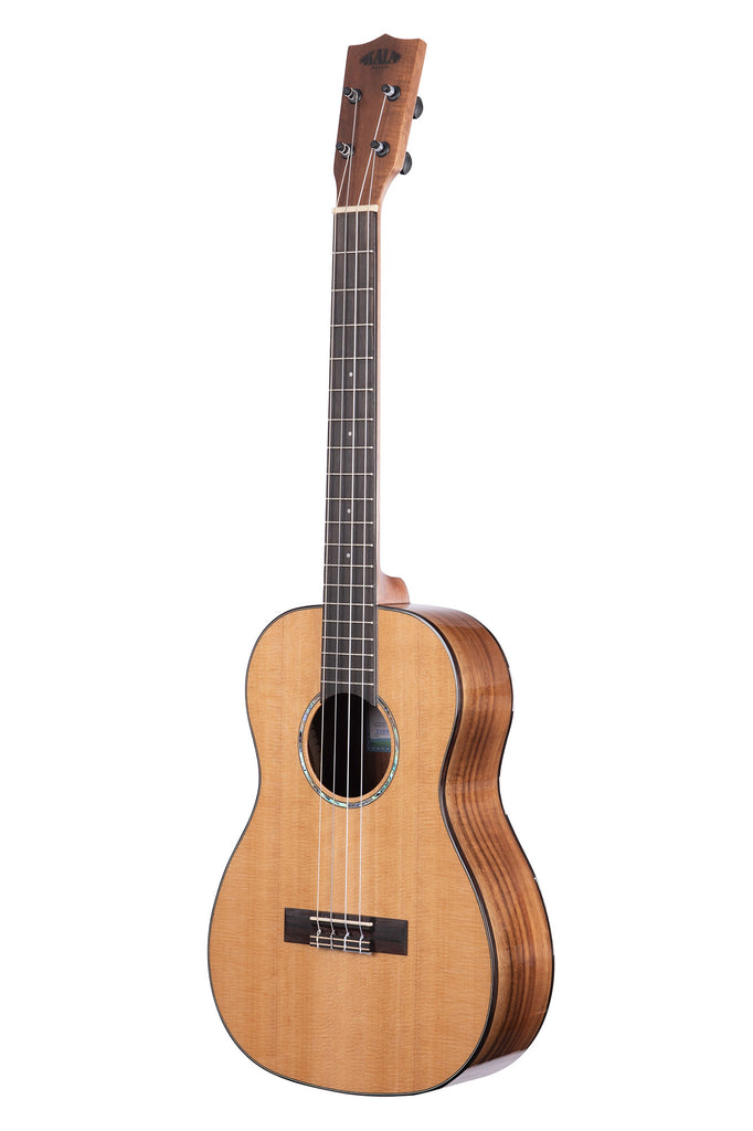 A Gloss Solid Cedar Top Acacia Baritone Ukulele shown at a left angle
