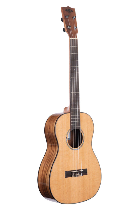 A Gloss Solid Cedar Top Acacia Baritone Ukulele shown at a right angle