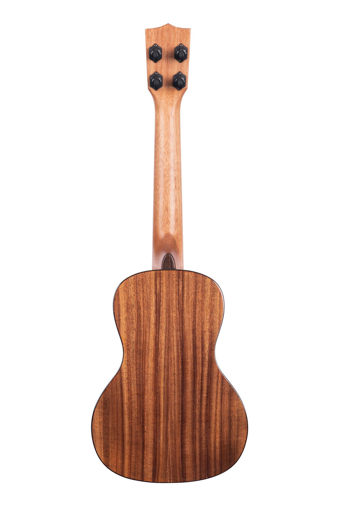 A Gloss Solid Cedar Top Acacia Concert Ukulele shown at a back angle