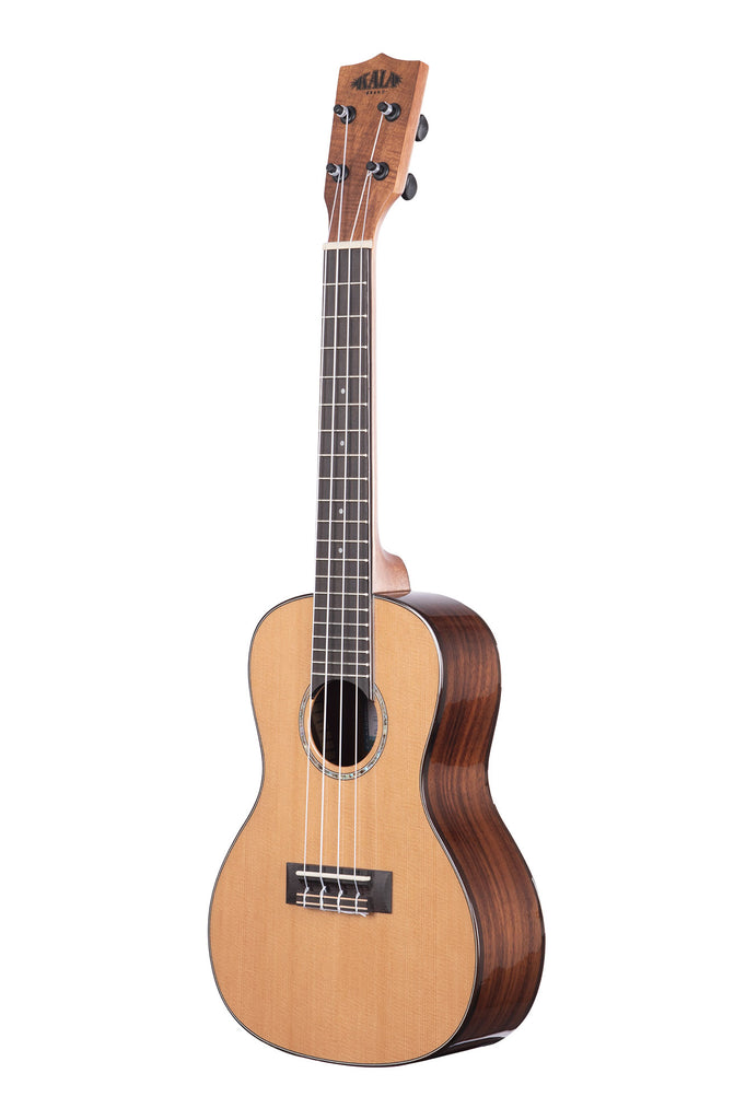 A Gloss Solid Cedar Top Acacia Concert Ukulele shown at a left angle