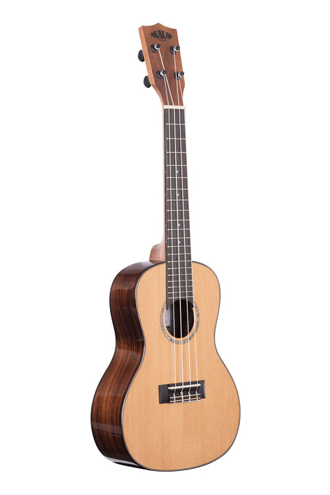 A Gloss Solid Cedar Top Acacia Concert Ukulele shown at a right angle