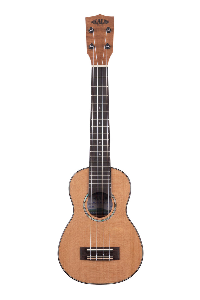 A Gloss Solid Cedar Top Acacia Long Neck Soprano Ukulele shown at a front angle