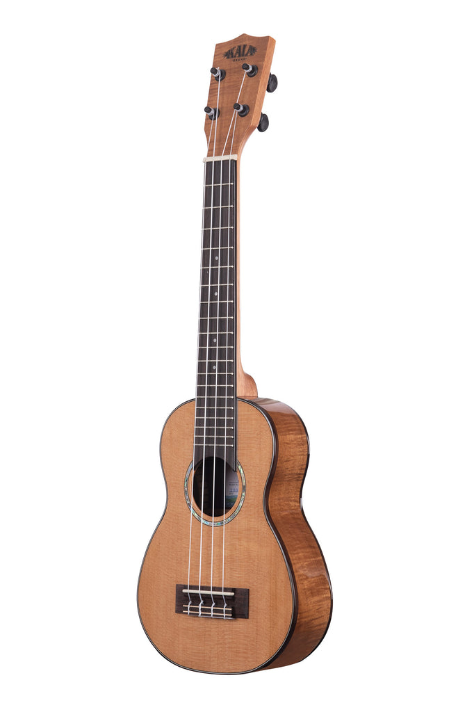 A Gloss Solid Cedar Top Acacia Long Neck Soprano Ukulele shown at a left angle
