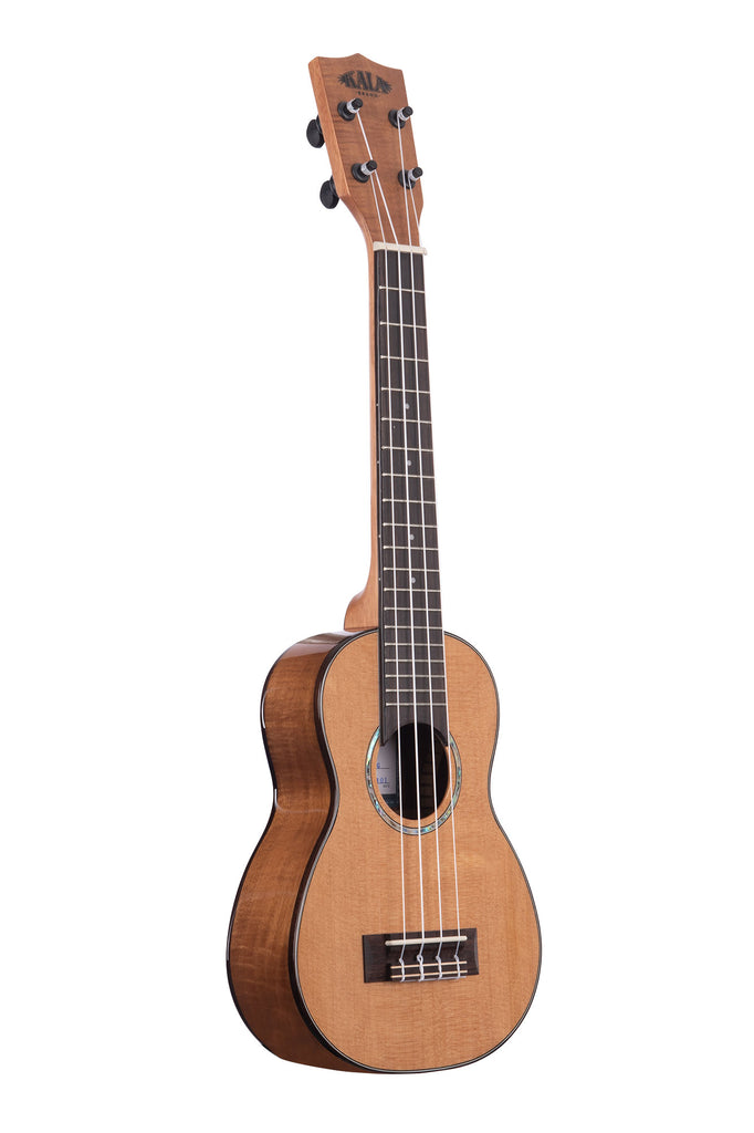 A Gloss Solid Cedar Top Acacia Long Neck Soprano Ukulele shown at a right angle