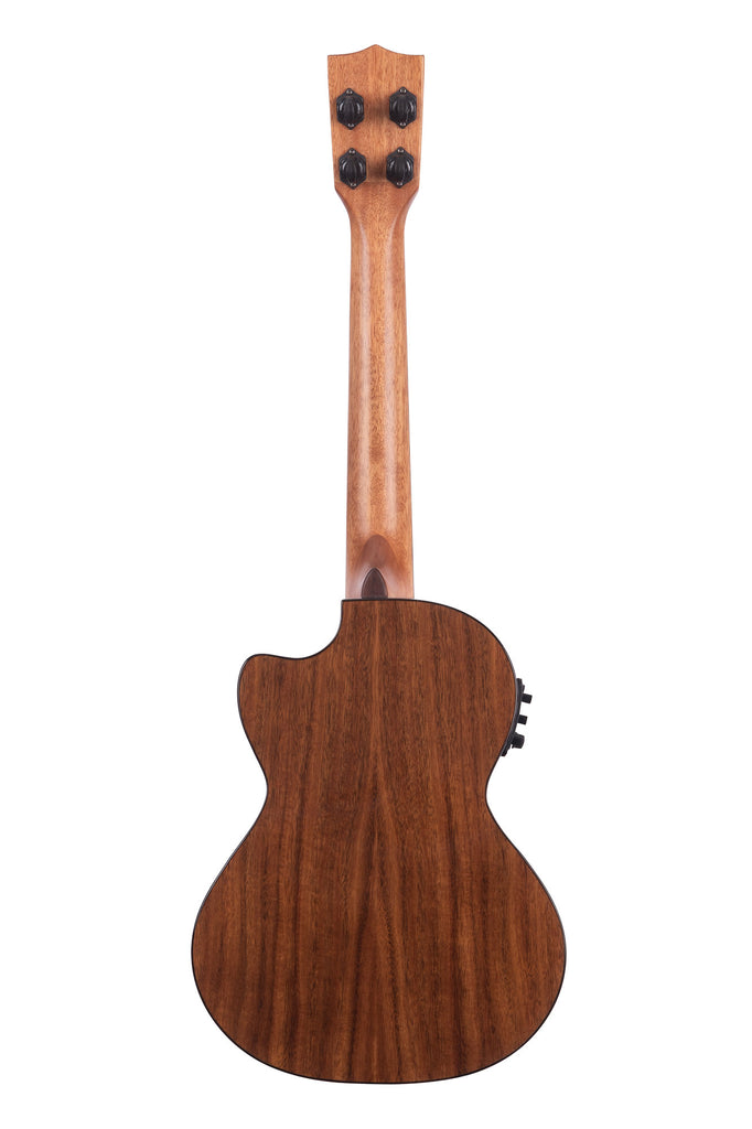 A Gloss Solid Cedar Top Acacia Tenor Ukulele w/ Cutaway & EQ shown at a back angle