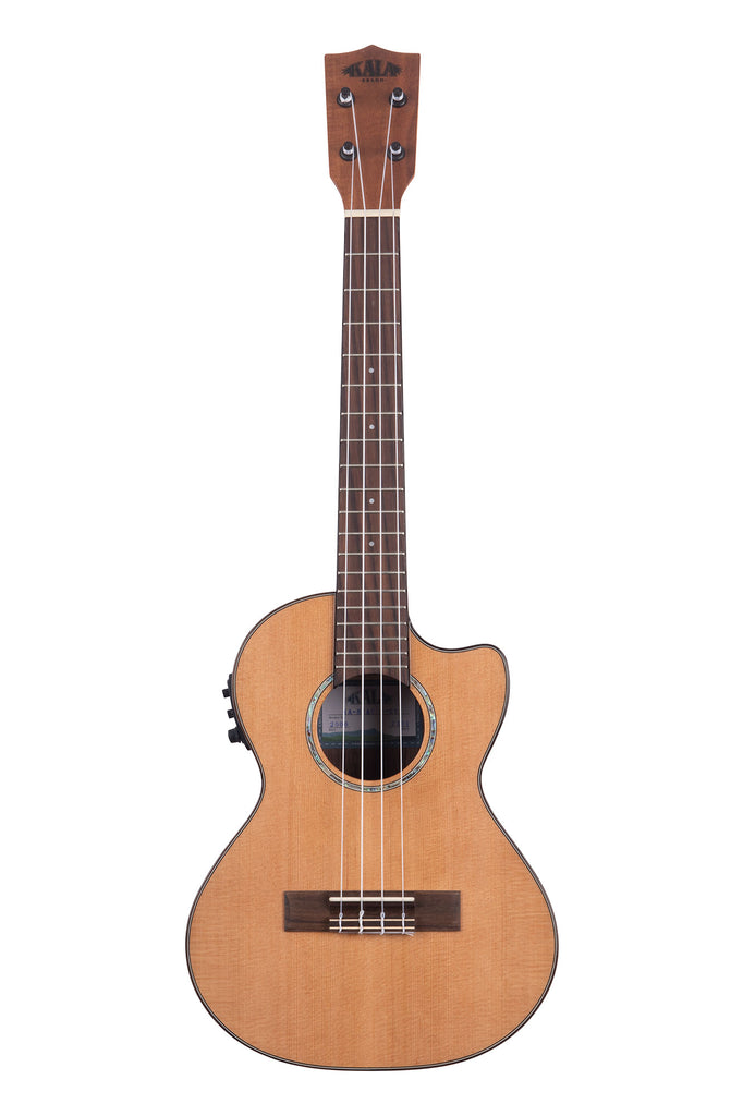 A Gloss Solid Cedar Top Acacia Tenor Ukulele w/ Cutaway & EQ shown at a front angle