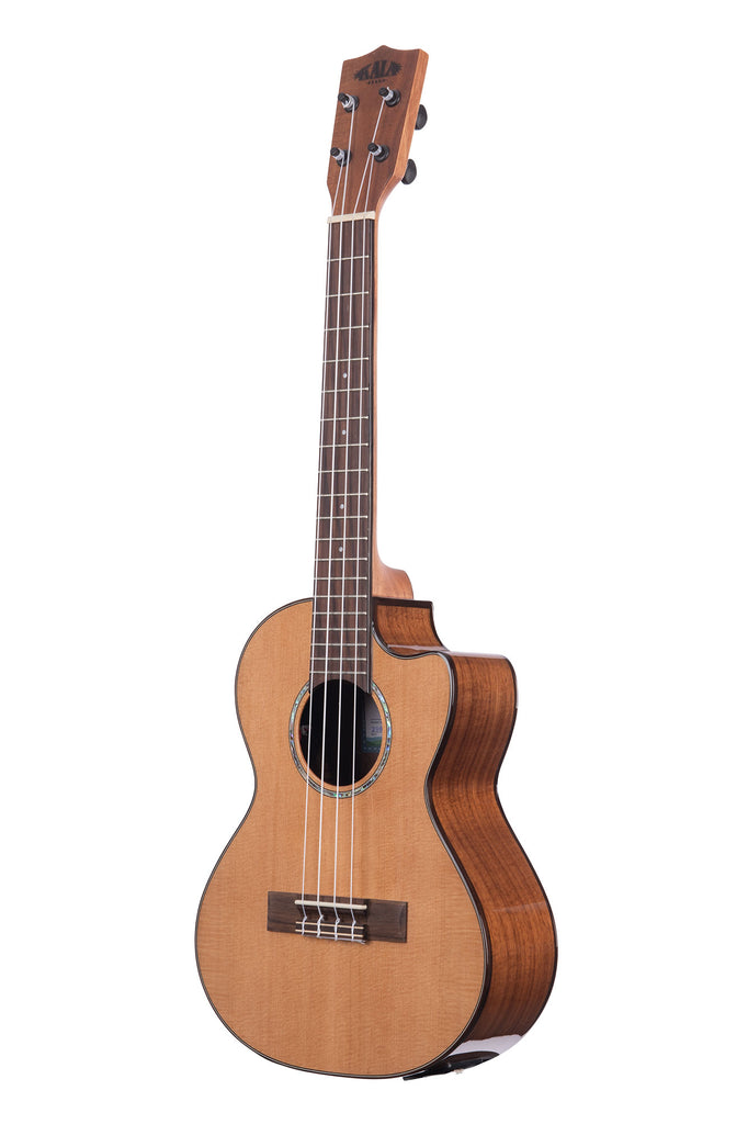 A Gloss Solid Cedar Top Acacia Tenor Ukulele w/ Cutaway & EQ shown at a left angle