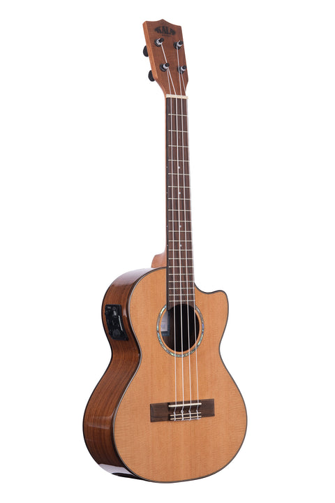 A Gloss Solid Cedar Top Acacia Tenor Ukulele w/ Cutaway & EQ shown at a right angle