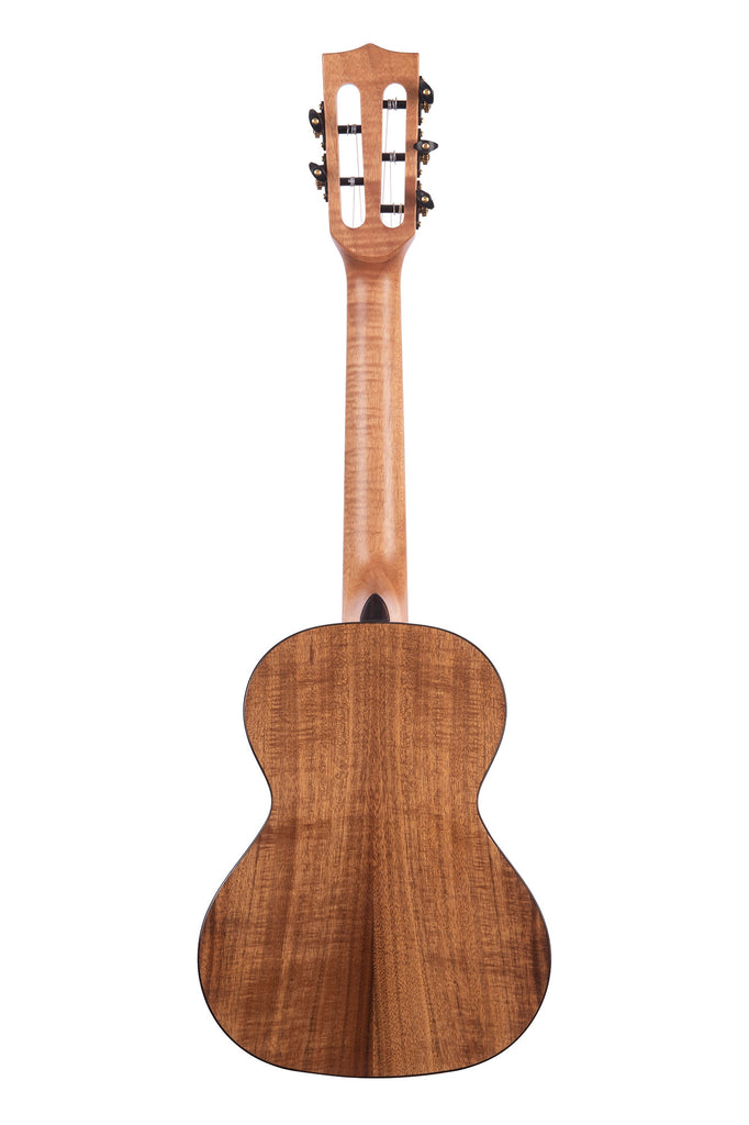 A Gloss Solid Cedar Top Acacia 5-String Tenor Ukulele shown at a back angle