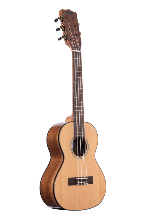 A Gloss Solid Cedar Top Acacia 5-String Tenor Ukulele shown at a right angle