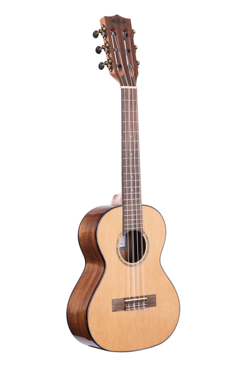 A Gloss Solid Cedar Top Acacia 6-String Tenor Ukulele shown at a right angle