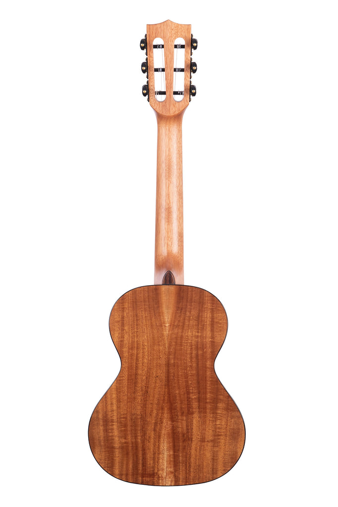 A Gloss Solid Cedar Top Acacia 6-String Tenor Ukulele shown at a back angle