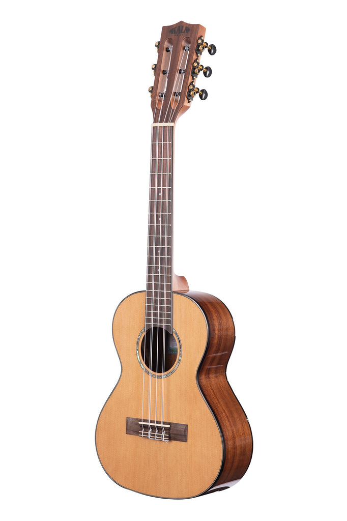 A Gloss Solid Cedar Top Acacia 6-String Tenor Ukulele shown at a left angle