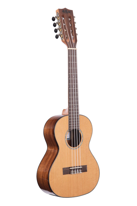 A Gloss Solid Cedar Top Acacia 8-String Tenor Ukulele shown at a right angle