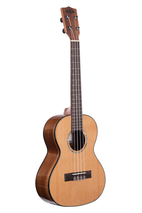 A Gloss Solid Cedar Top Acacia Tenor Ukulele shown at a right angle