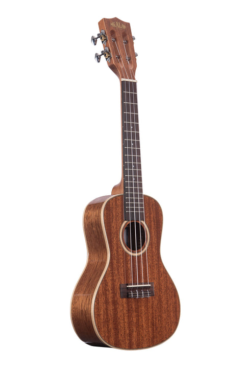 A All Solid Gloss Mahogany Concert Ukulele shown at a right angle