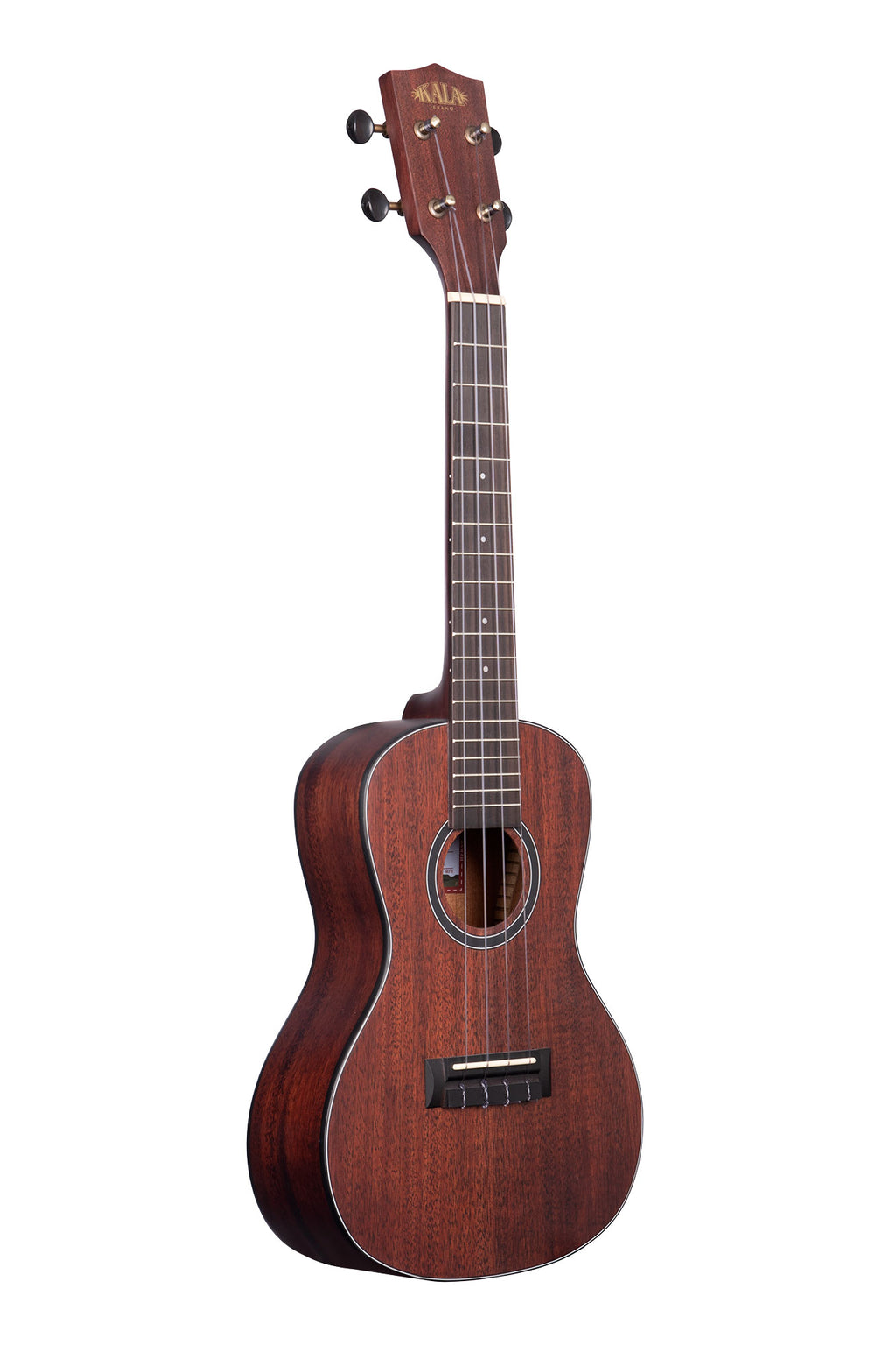 A All Solid Satin Mahogany Concert Ukulele shown at a right angle