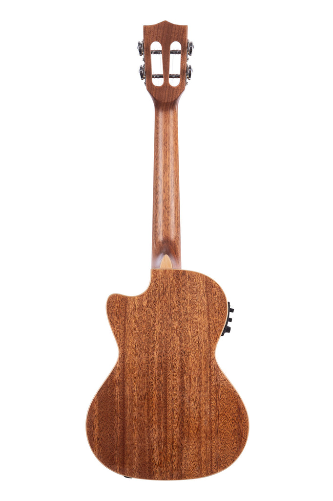 A All Solid Gloss Mahogany Tenor Ukulele w/ Cutaway & EQ shown at a back angle