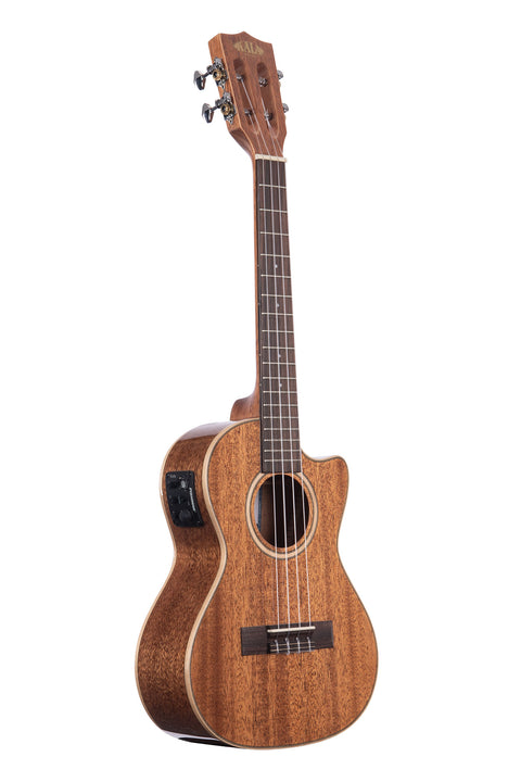 A All Solid Gloss Mahogany Tenor Ukulele w/ Cutaway & EQ shown at a right angle