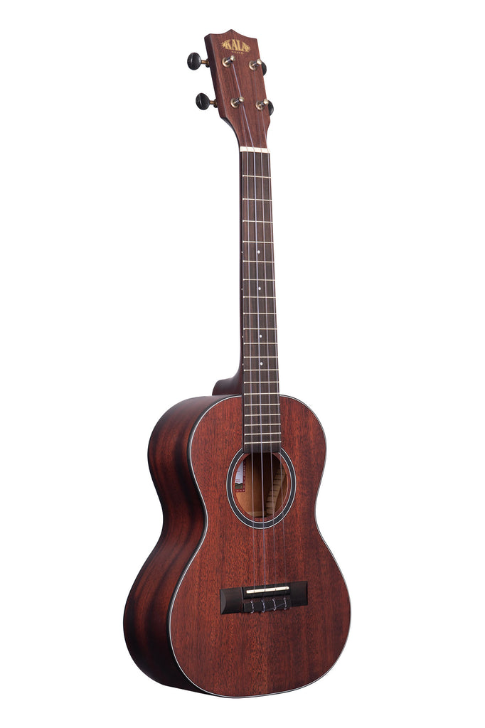 A All Solid Satin Mahogany Tenor Ukulele shown at a right angle