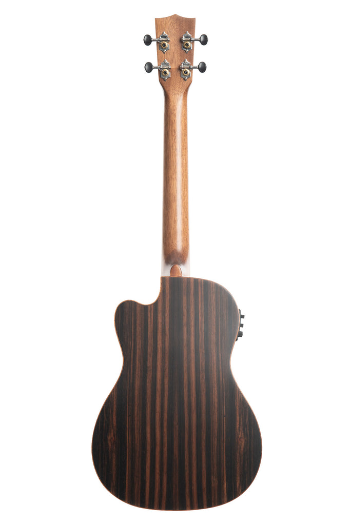 A Solid Spruce Top Striped Ebony Baritone Ukulele w/ Cutaway & EQ shown at a back angle
