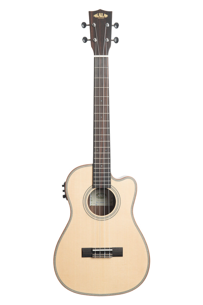A Solid Spruce Top Striped Ebony Baritone Ukulele w/ Cutaway & EQ shown at a front angle