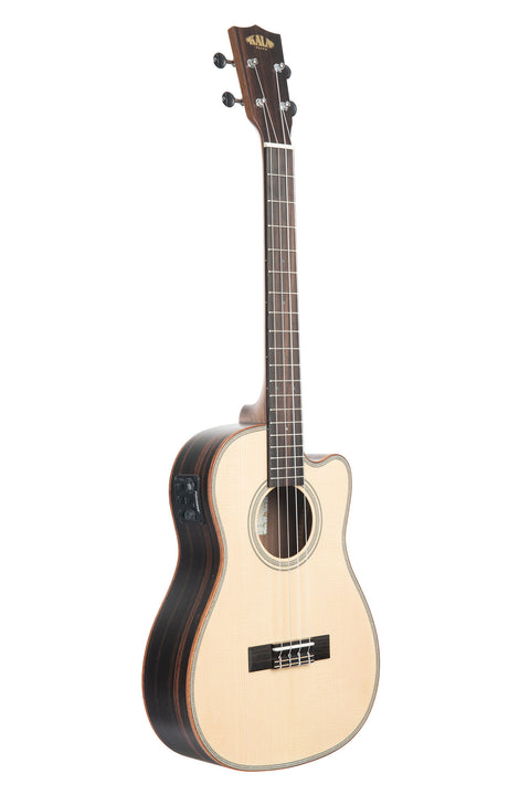 A Solid Spruce Top Striped Ebony Baritone Ukulele w/ Cutaway & EQ shown at a right angle