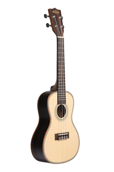 A Solid Spruce Top Striped Ebony Concert Ukulele shown at a right angle
