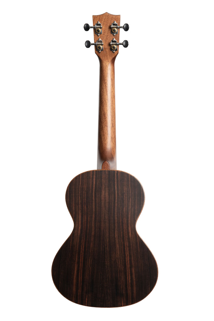 A Solid Spruce Top Striped Ebony Tenor Ukulele shown at a back angle