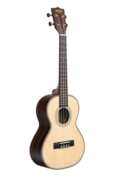 A Solid Spruce Top Striped Ebony Tenor Ukulele shown at a right angle