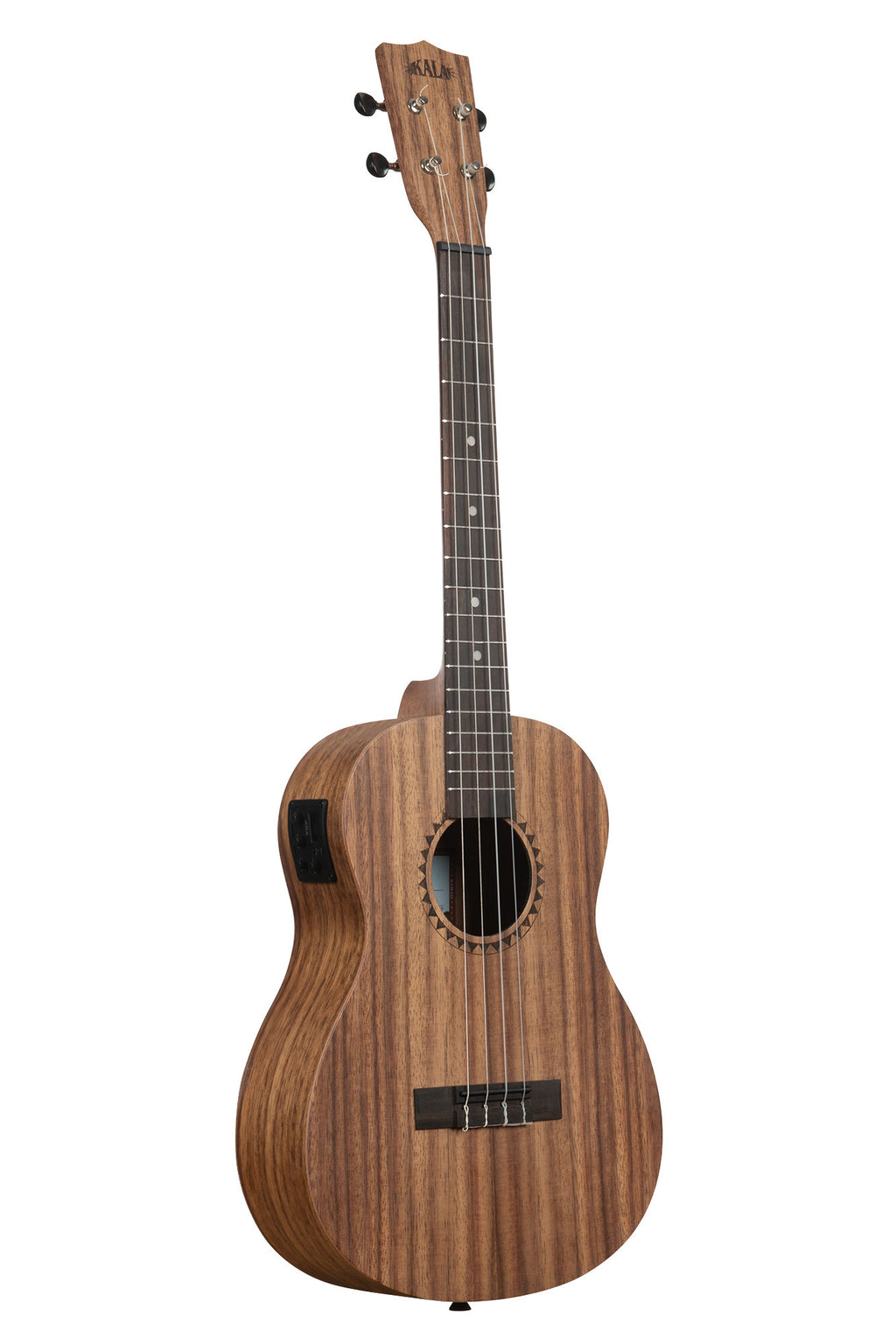 A Teak Baritone Ukulele w/ EQ shown at a right angle