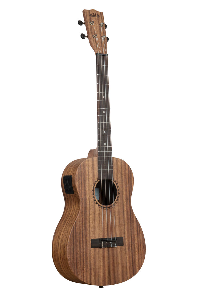 A Teak Baritone Ukulele w/ EQ shown at a right angle