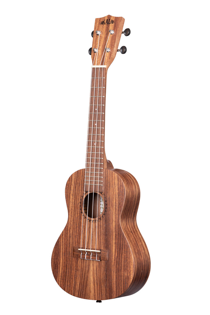 A Teak Concert Ukulele shown at a left angle