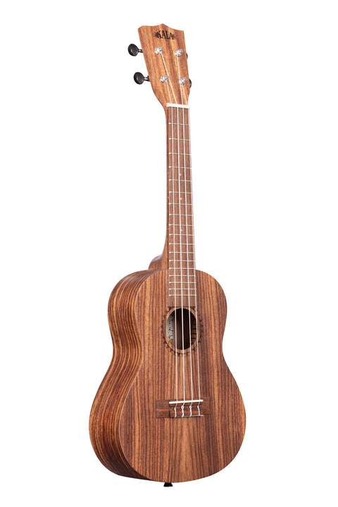 A Teak Concert Ukulele shown at a right angle