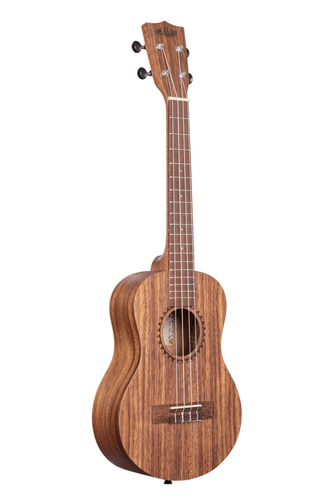 A Teak Tenor Ukulele shown at a right angle