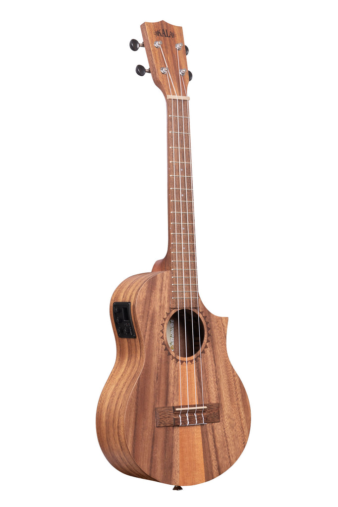 A Teak Tri-Top Tenor Ukulele w/ Cutaway & EQ shown at a right angle