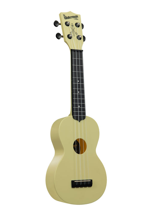 A Starlight Yellow Glow-in-the-Dark Soprano Waterman shown at a right angle