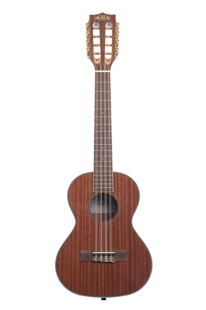 A Gloss Mahogany 8-String Tenor Ukulele shown at a front angle