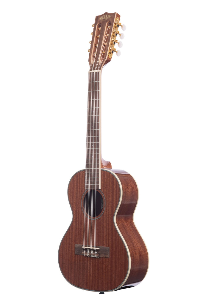 A Gloss Mahogany 8-String Tenor Ukulele shown at a left angle