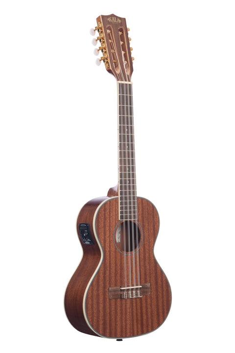 A Gloss Mahogany 8-String Tenor Ukulele w/ EQ shown at a right angle