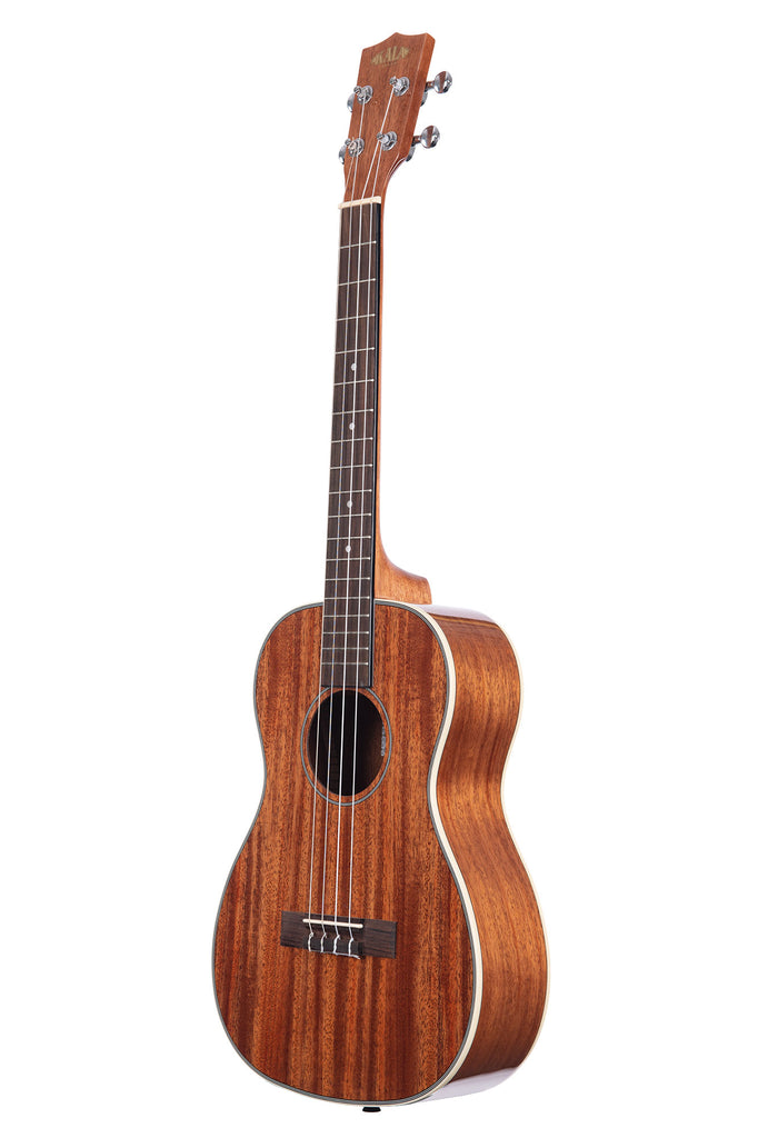 A Gloss Mahogany Baritone Ukulele shown at a left angle
