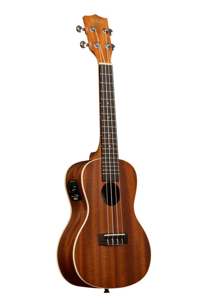 A Satin Mahogany Concert Ukulele w/ EQ shown at a right angle