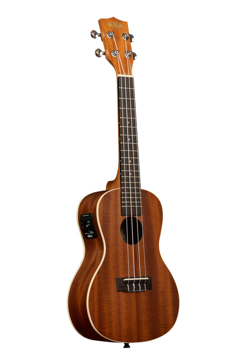 A Satin Mahogany Concert Ukulele w/ EQ shown at a right angle