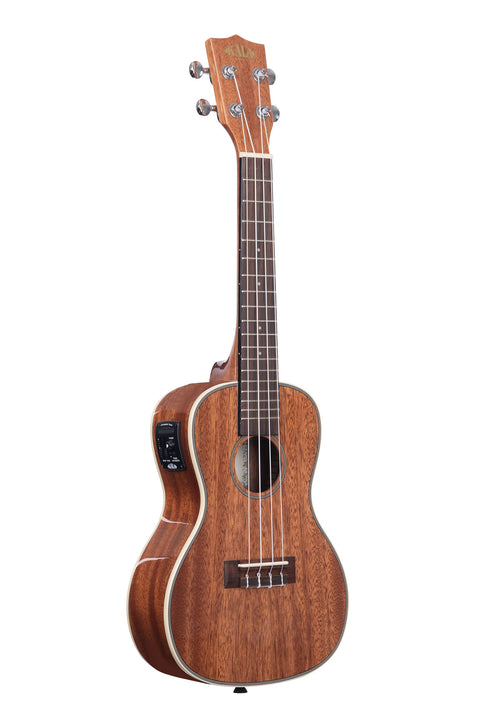 A Gloss Mahogany Concert Ukulele w/ EQ shown at a right angle