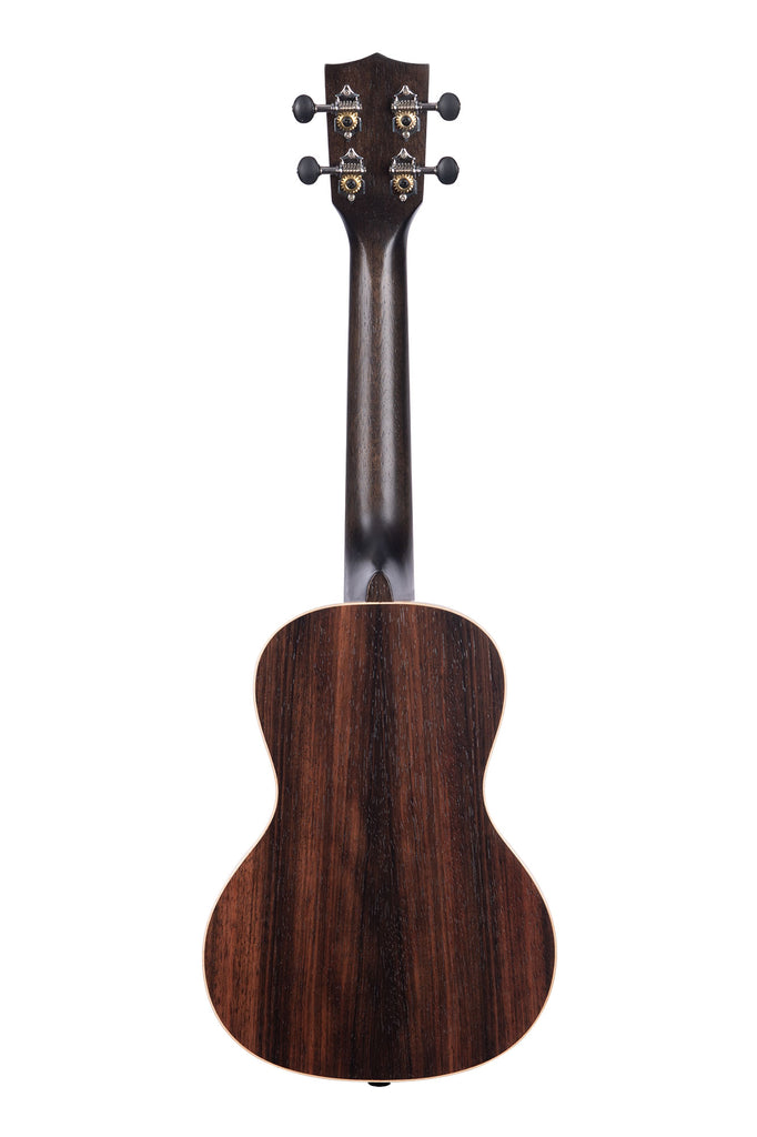 A Striped Ebony Concert Ukulele shown at a back angle